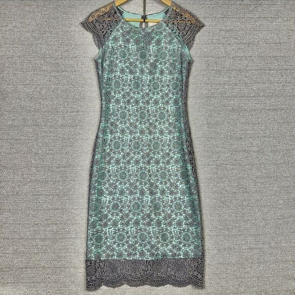 Mignon Doo Dress Size 2 Gold Metallic Crochet Overlay Aqua Lining Glam Luxe Midi